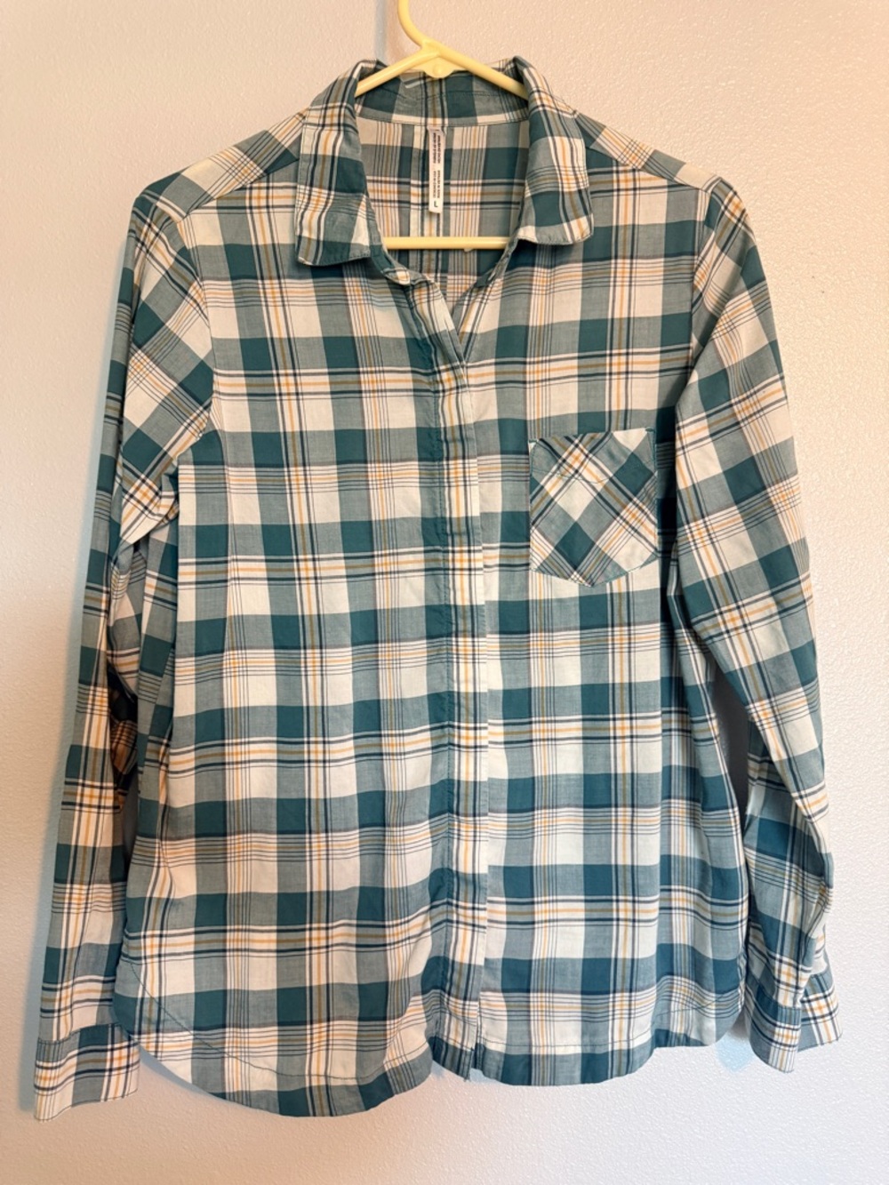 Kuhl Teal Yellow Plaid Hidden Button Up Long Sleeve Lightweight Shirt Womens L
